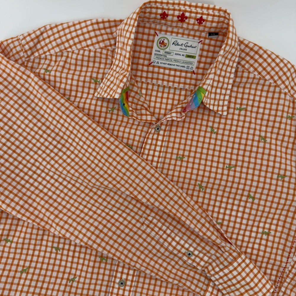 Robert Graham‎ Jeans Mens Large Orange Gingham Airplane Embroidered Button Shirt